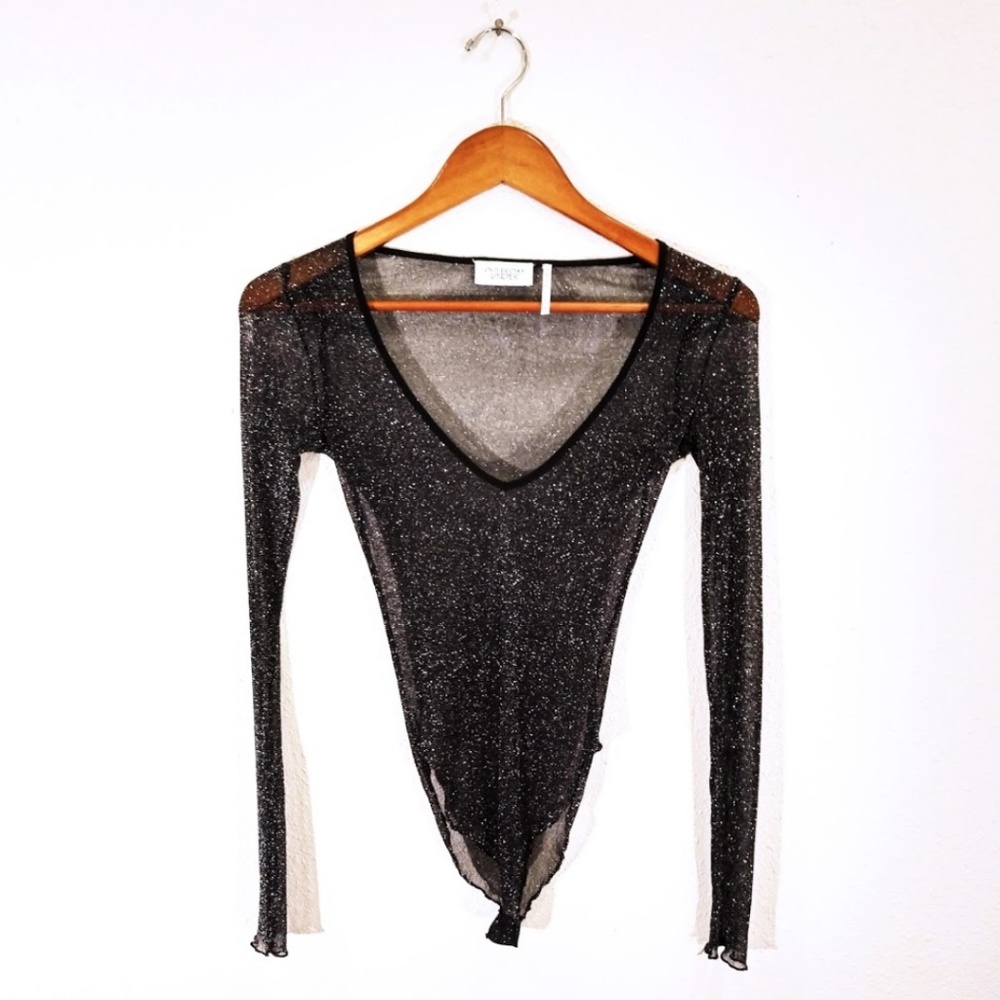 Long Sleeve Sheer Black Glitter Bodysuit